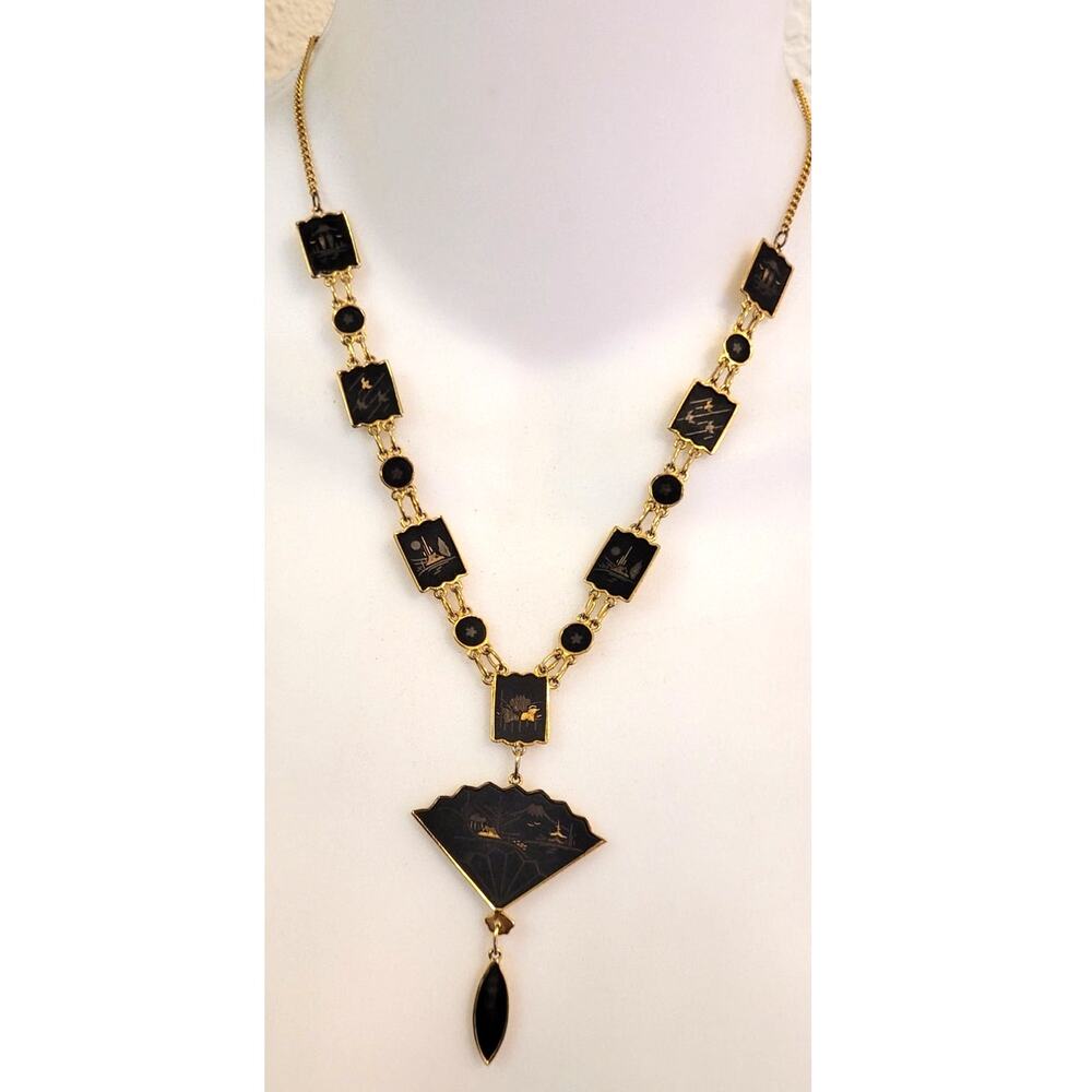 Vintage Damascene Folding Fan Necklace Gold Tone Black Amita Style Shakudo - Picture 2 of 9